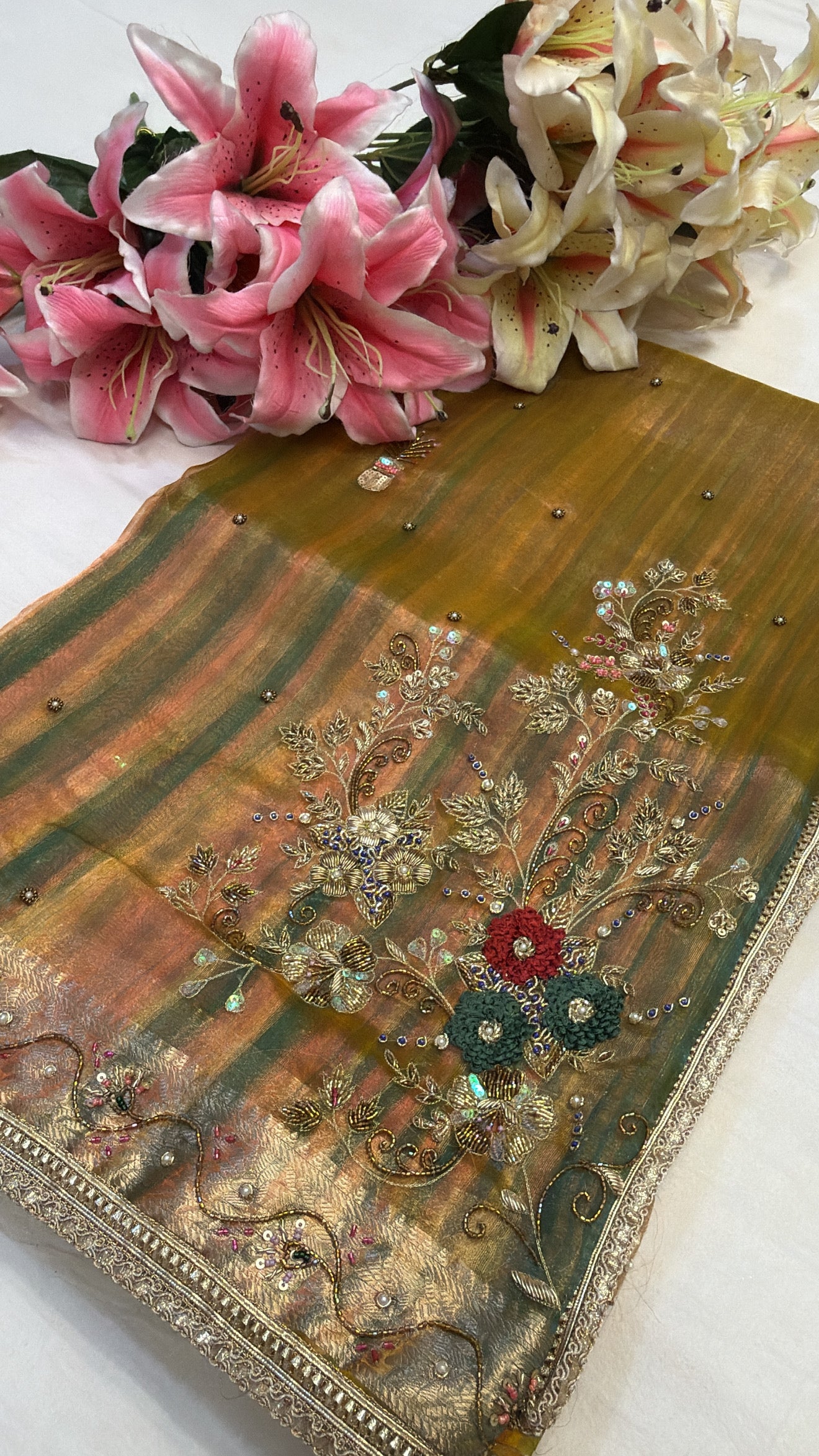 Mustard striped husn tissue silk hand embroidered kadhwa saree
